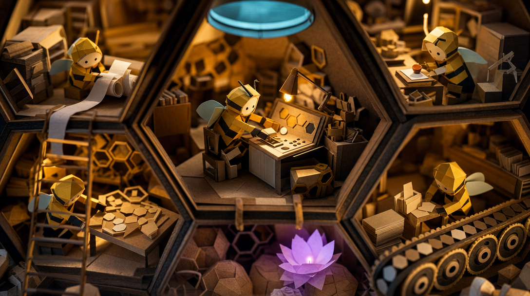 Paper-craft beehive diorama — tiny worker figurines in each hexagonal chamber doing different utility tasks, representing the 16 melis x402 services